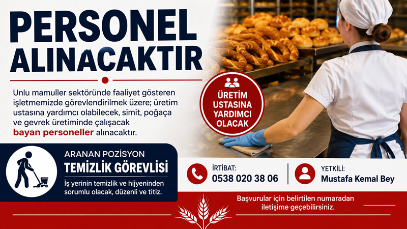 Unlu mamuller sektöründe faaliyet gösteren işletmede görevlendirilmek üzere bayan temizlik