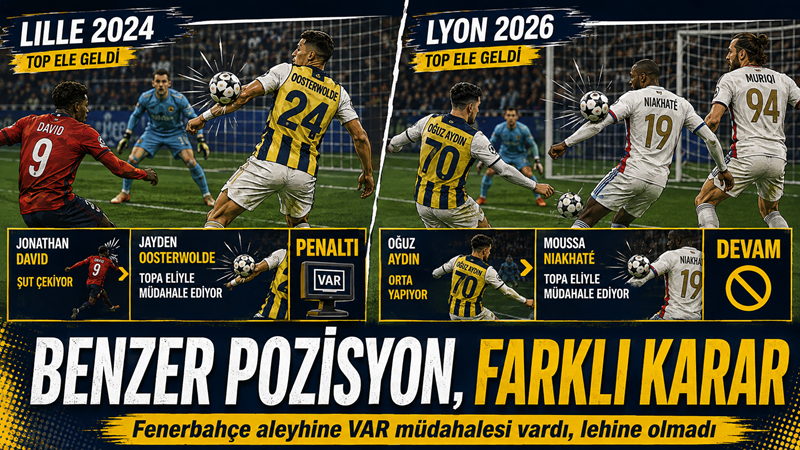 Fenerbahçe’nin Lyon deplasmanında penaltı beklediği pozisyonda VAR’ın saha hakemini monitöre